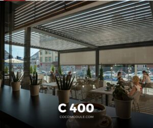 PERGOLA C400, pergole, pergole tarasowe, pergole aluminiowe, solidna konstrukcja, dach elektryczny, producent pergoli