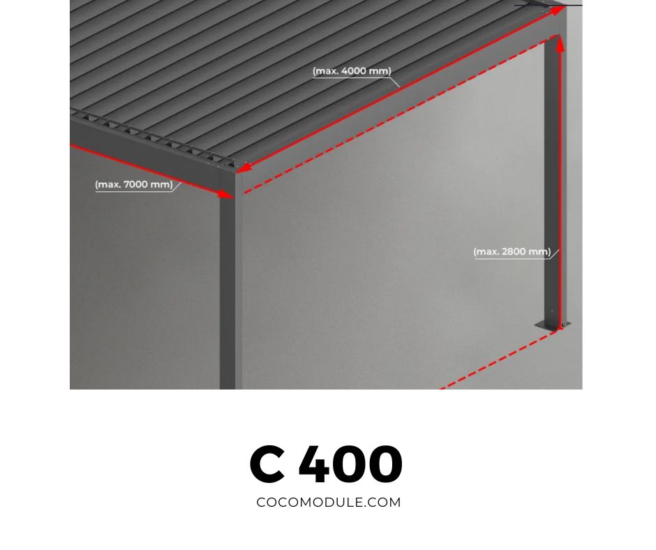 PERGOLA C400, pergole, pergole tarasowe, pergole aluminiowe, solidna konstrukcja, dach elektryczny, producent pergoli