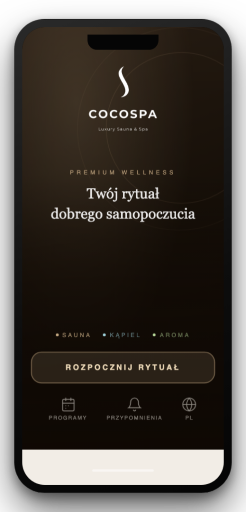 Ekran startowy aplikacji COCOSPA w ramce telefonu