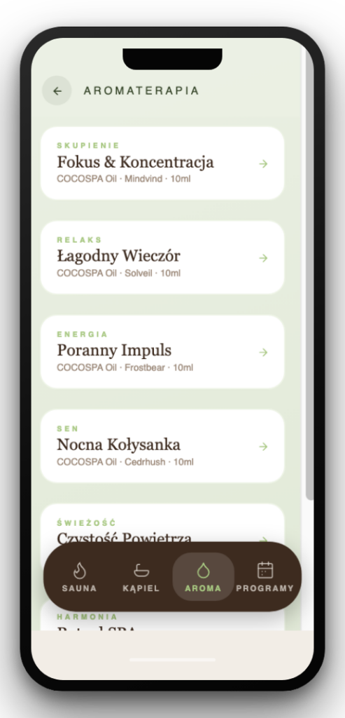 Lista nastrojow aromaterapii w ramce telefonu