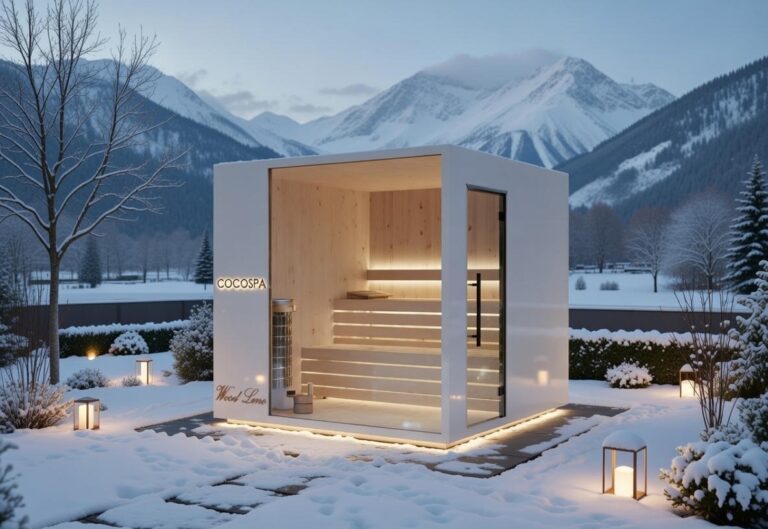 Sauna ogrodowa Milan 220 CUBE COCOSPA — biały moduł CLT w górskim ogrodzie zimą, oświetlenie LED