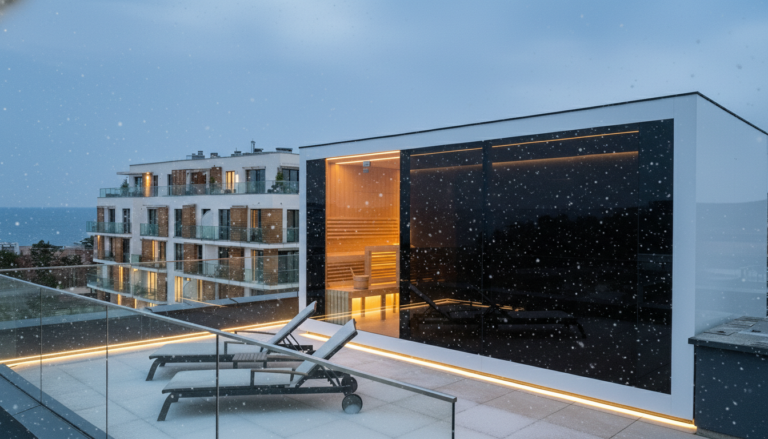 Sauna ogrodowa Vienna 600 CUBE COCOSPA na tarasie podczas opadów śniegu, podświetlenie LED, widok na morze
