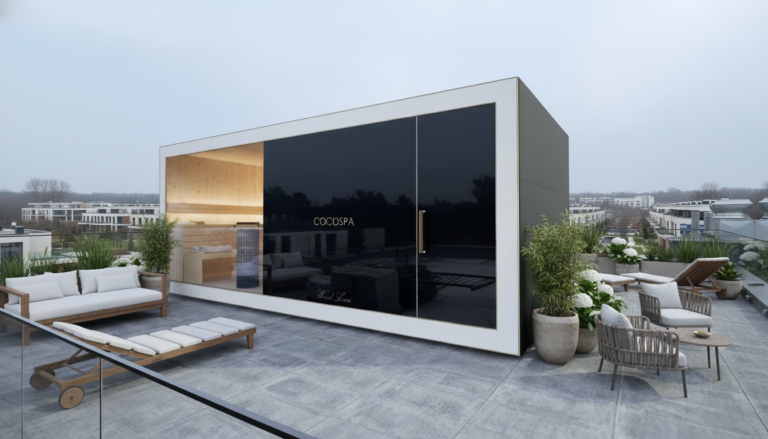 Sauna ogrodowa Vienna 600 CUBE COCOSPA na tarasie miejskim z meblami outdoor i roślinami