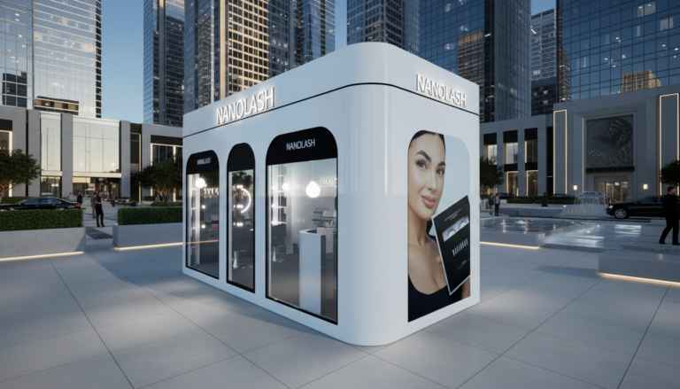 Modułowy kiosk pop-up Nanolash COCOMODULE — biały pawilon handlowy na placu miejskim wieczorem