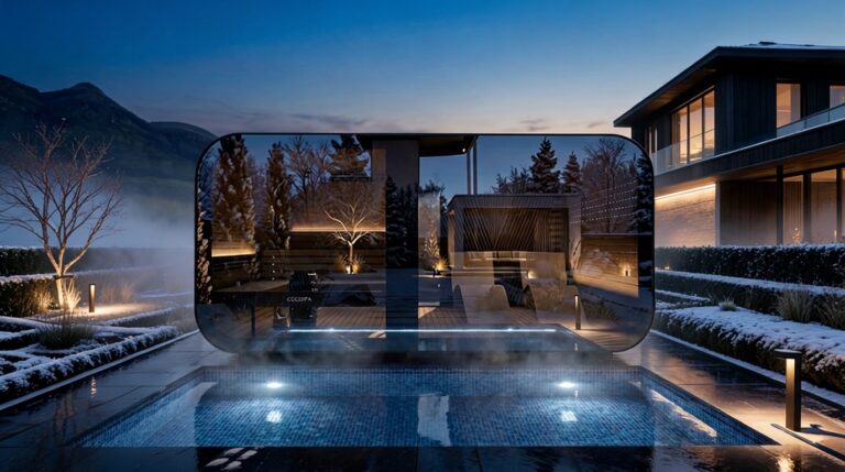 Sauna ogrodowa COCOSPA Sztokholm 500 – strefa wellness z basenem, wieczorny kadr premium